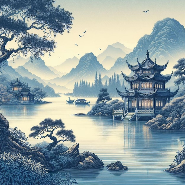 Paisagem de lago e montanha em estilo chinês linda