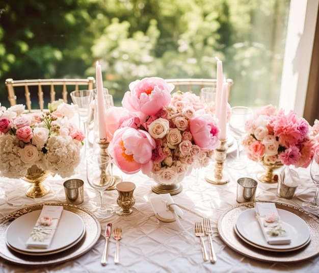 Paisagem de mesa de casamento com buquê de peônia mesa de jantar formal paisagem de mesa com decoração para festa de casamento e celebração de evento generativo ai