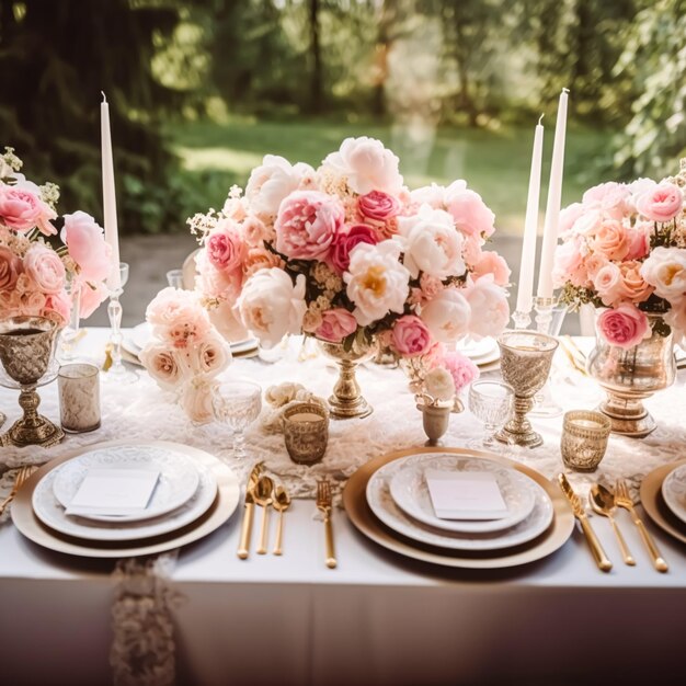 Paisagem de mesa de casamento com buquê de peônia mesa de jantar formal paisagem de mesa com decoração para festa de casamento e celebração de evento generativo ai