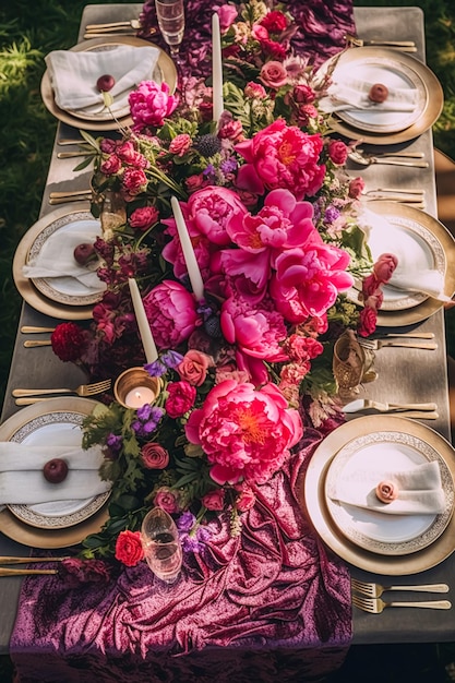 Foto paisagem de mesa de férias configuração formal de mesa de jantar mesa de peônia rosa paisagem de mesa com peônias decoração para festa de casamento e celebração de evento pós-processado generativo ai