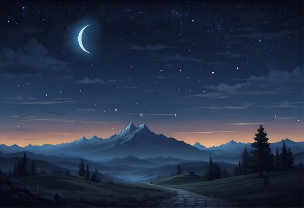 paisagem de montanha à noite com ilustração de lua e estrelas