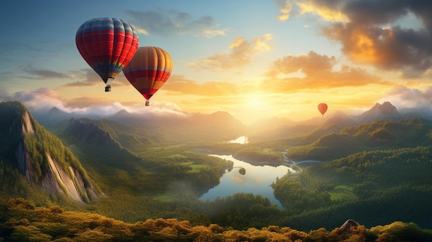 paisagem de montanha com balão de ar quente ao amanhecer