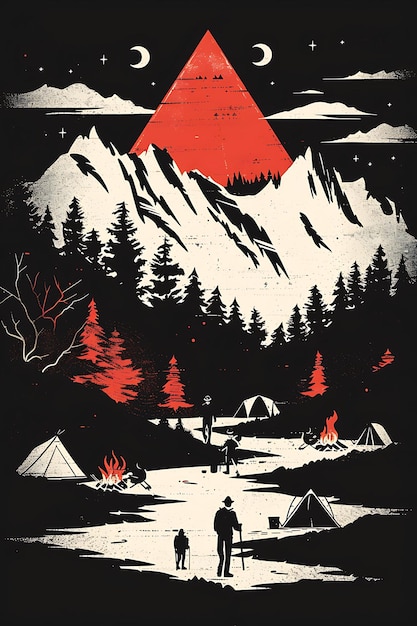 Paisagem de montanha com campistas e caminhantes tendas e Campfir Poster Banner Cartão postal Design de colagem