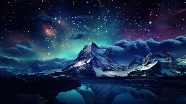 Paisagem de montanha com estrelas e nebulosa ilustração 3D