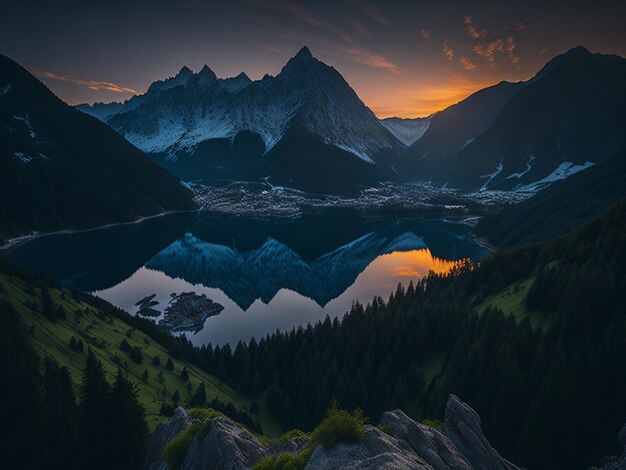 Paisagem de montanha com lago e reflexo na água ao pôr-do-sol