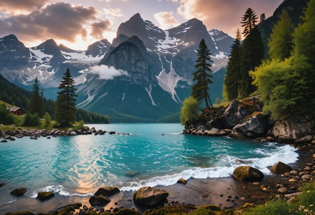 Foto paisagem de montanha com lago