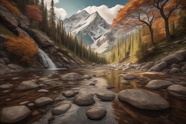 Paisagem de montanha com rio e floresta de outono