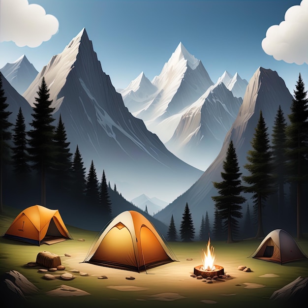 paisagem de montanha com tenda e acampamento ilustração tenda de acampamento montanhas floresta e lago