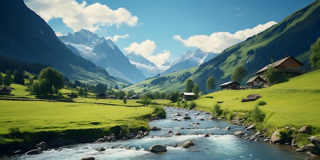 Paisagem de montanha com um rio e casas renderização 3D