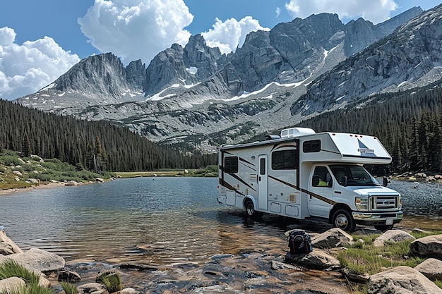 Paisagem de montanha com uma caravana na margem de um lago de montanha