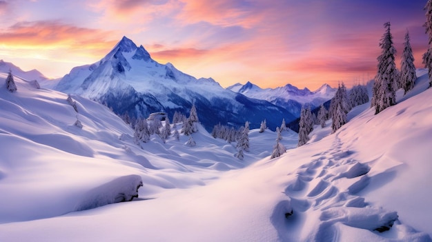 Paisagem de montanha de inverno ao nascer do sol