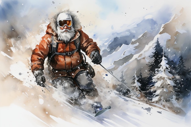 Foto paisagem de montanha de inverno com papai noel em snowboard com casaco vermelho e óculos de sol