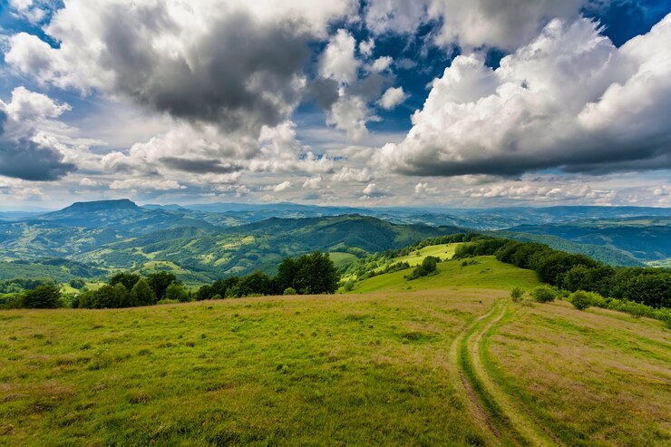 Foto paisagem de montanha de outono - árvores de outono amareladas e avermelhadas combinadas com agulhas verdes e céu azul. cena colorida da paisagem do outono nos cárpatos romenos. vista panorâmica.
