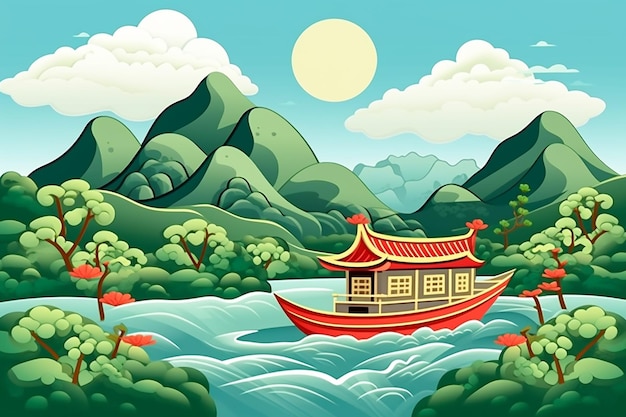 Paisagem de montanha e lago Fundo chinês tradicional estilo japonês minimalista oriental