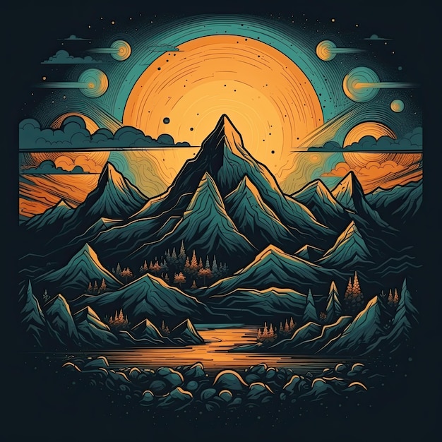 Paisagem de montanha em estilo vintage com lua e sol Ilustração vetorial