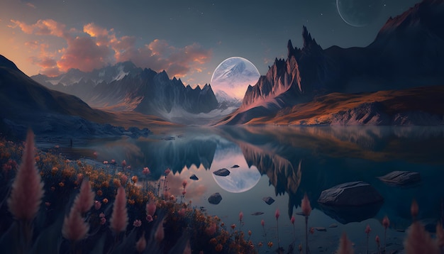 paisagem de montanha glaciar com flores e lago no belo pôr do sol com lua cheia