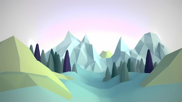 Paisagem de montanha minimalista 3D de baixo poli_ Generative Ai