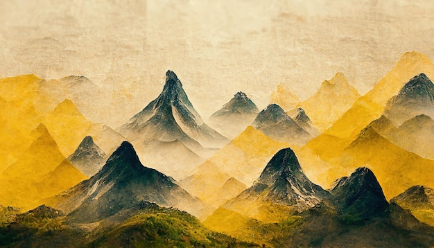 Paisagem de montanha minimalista com pincel aquarela em estilo tradicional japonês Papel de parede com arte abstrata para impressões ou capas de arte 3d