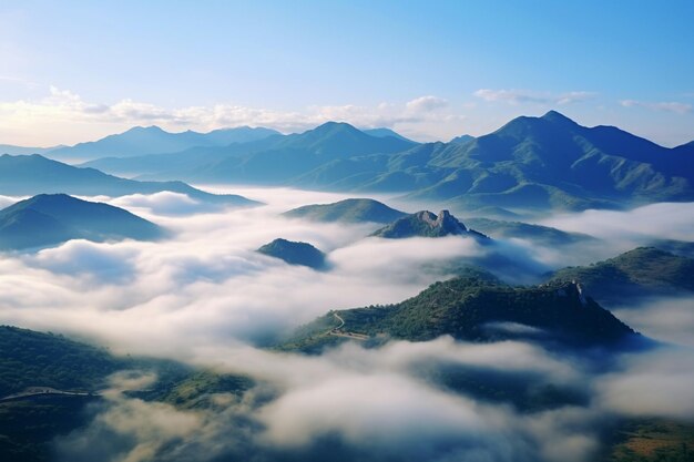 Paisagem de montanha pela manhã com nevoeiro e fundo de céu azul