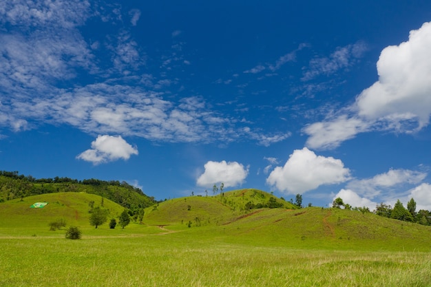 paisagem de montanha verde com céu azul, colina verde com lindo céu