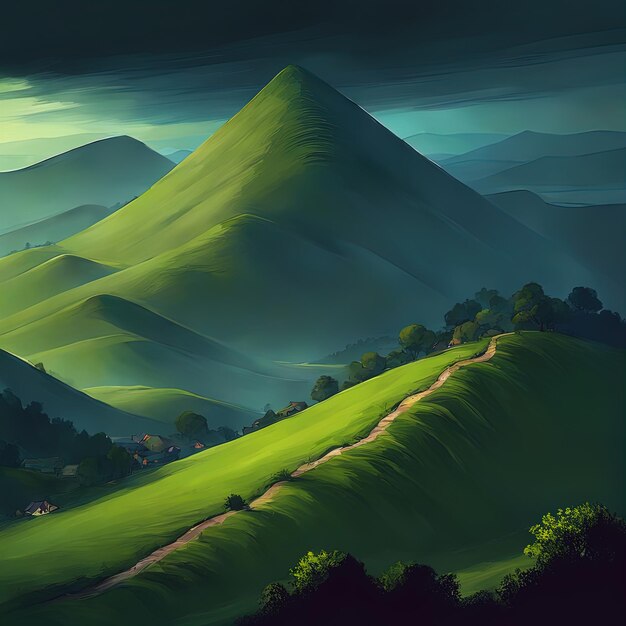 Foto paisagem de montanha verde e branca colinas verdes e floresta de manhã