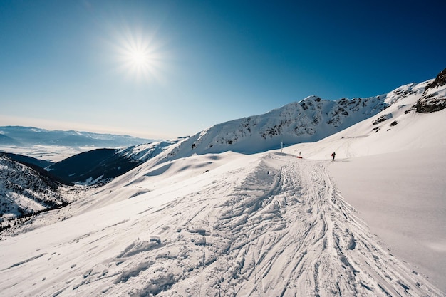 Paisagem de montanhas alpinas com neve branca e céu azul Pôr do sol inverno na natureza Árvores geladas sob luz solar quente Maravilhosa paisagem invernal