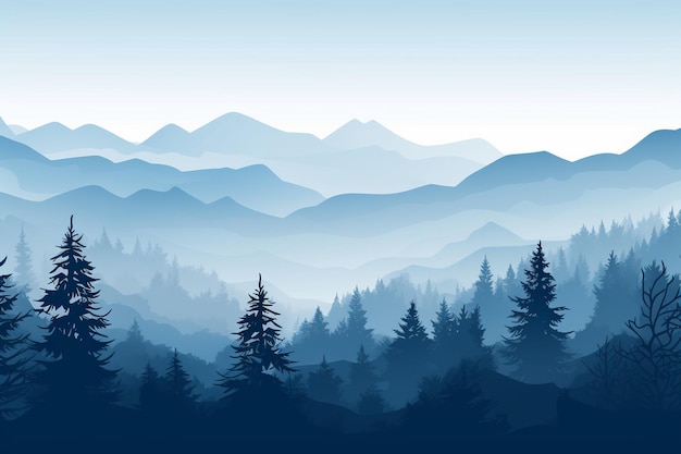 Paisagem de montanhas com árvores em tons azuis