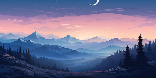 Paisagem de montanhas nebulosas à noite Ilustração vetorial