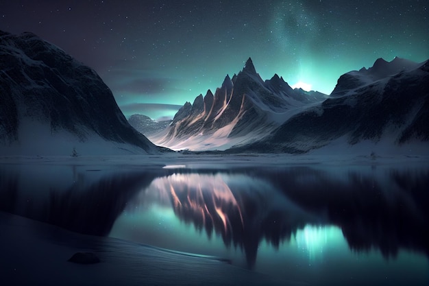 Paisagem de montanhas nevadas com um lago congelado e aurora boreal no céu