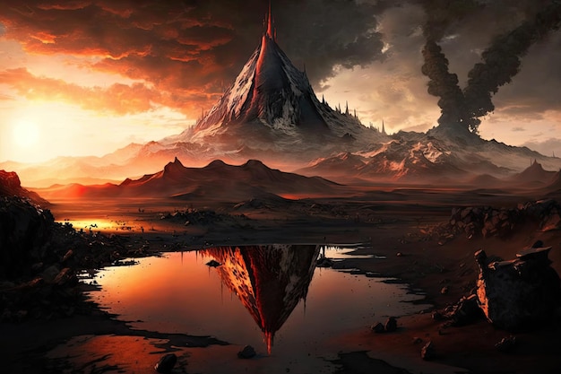 Paisagem de Mordor com a destruição do monte de fogo ao fundo