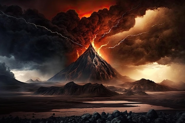 Paisagem de Mordor com montanha ardente ao fundo e tempestade violenta se aproximando