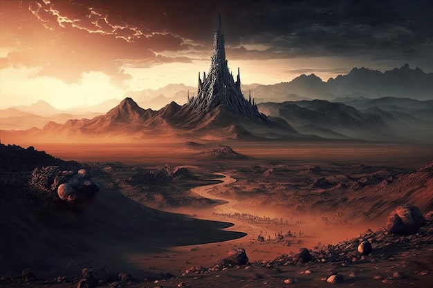 Paisagem de Mordor com uma torre imponente à distância