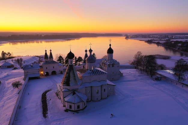 paisagem de mosteiro de inverno ferapontovo, vista superior fundo de arquitetura de religião de natal