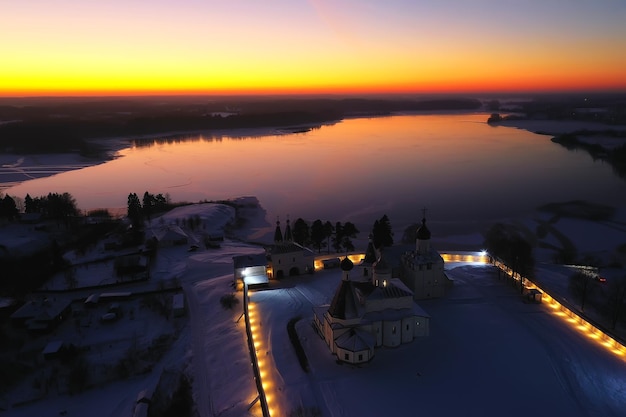 paisagem de mosteiro de inverno ferapontovo, vista superior fundo de arquitetura de religião de natal