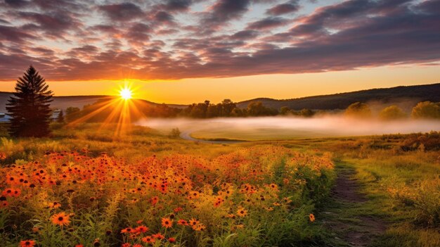 Paisagem de nascer do sol no Vale de Canaã com flores silvestres e sol amarelo em um prado de outono nebuloso