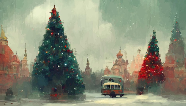 Paisagem de natal com neve e árvores com luzes ilustração de paisagem de natal