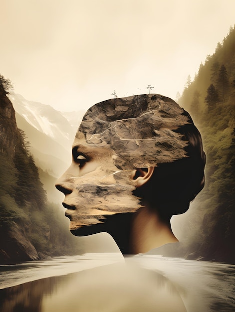 Paisagem de natureza de dupla exposição em um rosto de mulher retrato de uma senhora pintura surrealista ideia conceitual