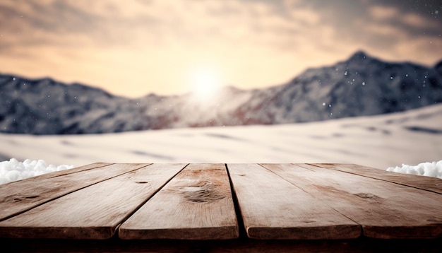 Paisagem de neve de inverno com mesa de madeira na frente