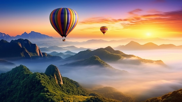 Paisagem de névoa matinal e montanhas com balões de ar quente ao nascer do sol