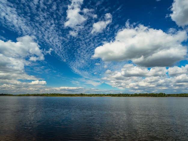 paisagem de nuvens em um céu azul refletido no rio