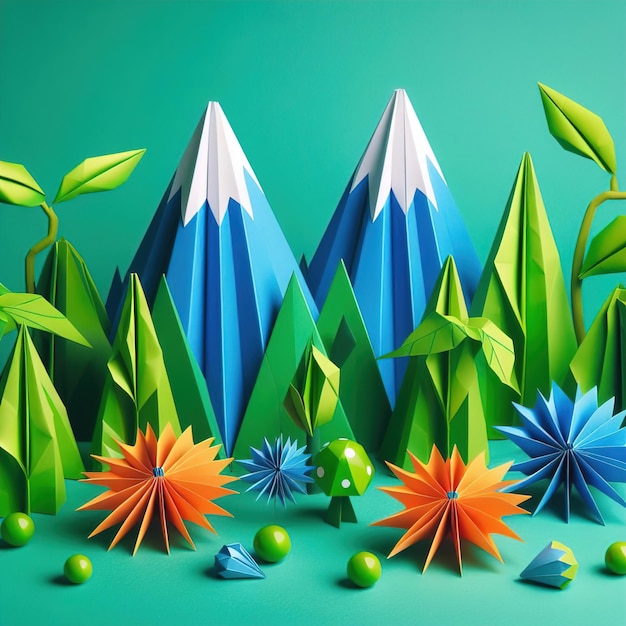 Foto paisagem de origami de papel com árvores verdes