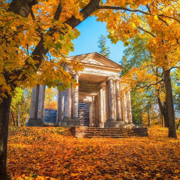 Paisagem de outono brilhante com Birch House e The Mask Portal inThe State Museum Reserve Gatchina.