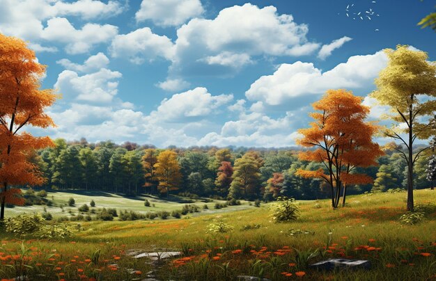 Paisagem de outono com árvores amarelas e céu azul renderização 3D