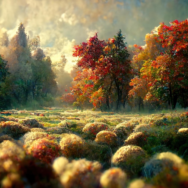 Paisagem de outono com árvores de outono brilhantes idílicas e pacíficas paisagens naturais incríveis Arte digital