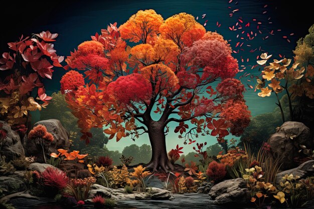Paisagem de outono com árvores e folhagens coloridas Cena de outono Árvores e folhas