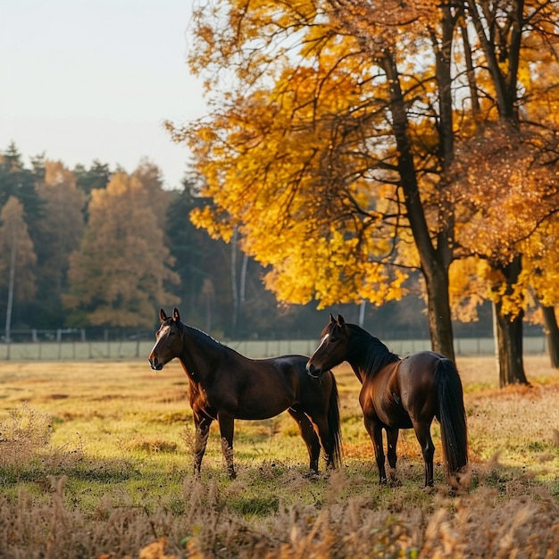 Paisagem de outono com cavalos em cenário rural