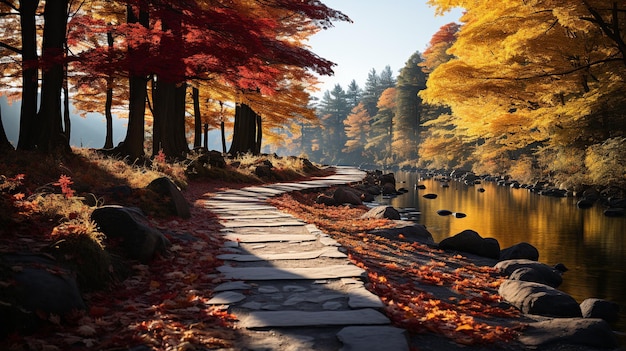 Paisagem de outono com floresta e rio coloridos Árvores de outono coloridas na floresta