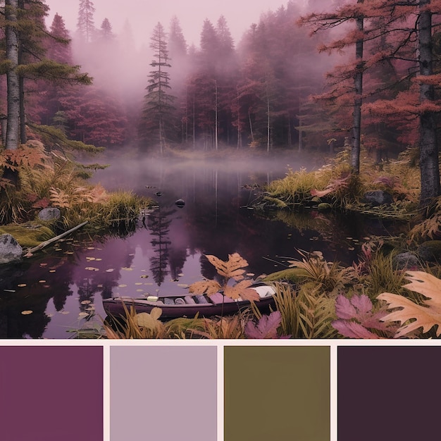 Paisagem de outono com lago e floresta em cor de tendência de neblina