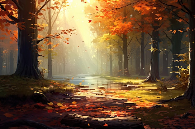 Paisagem de outono com um caminho na floresta renderização 3d AI Gerado