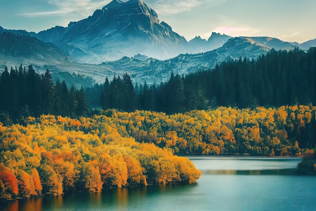 Paisagem de outono com um lago e montanhas ao fundo